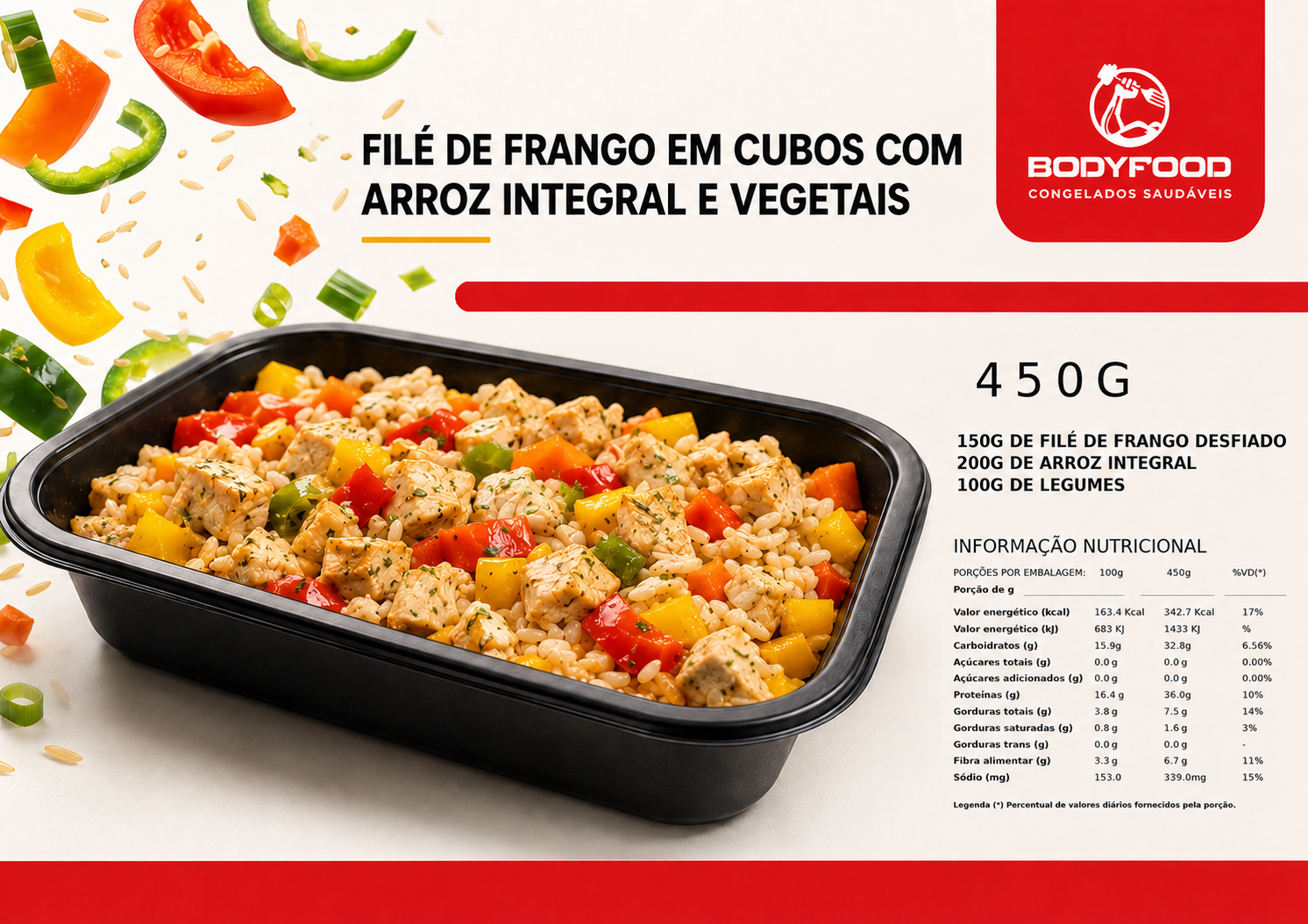 Card da refeição Filé de frango em cubos com arroz integral e vegetais, com informações nutricionais.